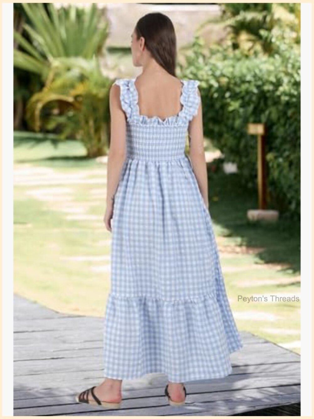 Retro Plaid Smocked Dress Spaghetti Strap Flounce Long Dress - Picture 5 of 7